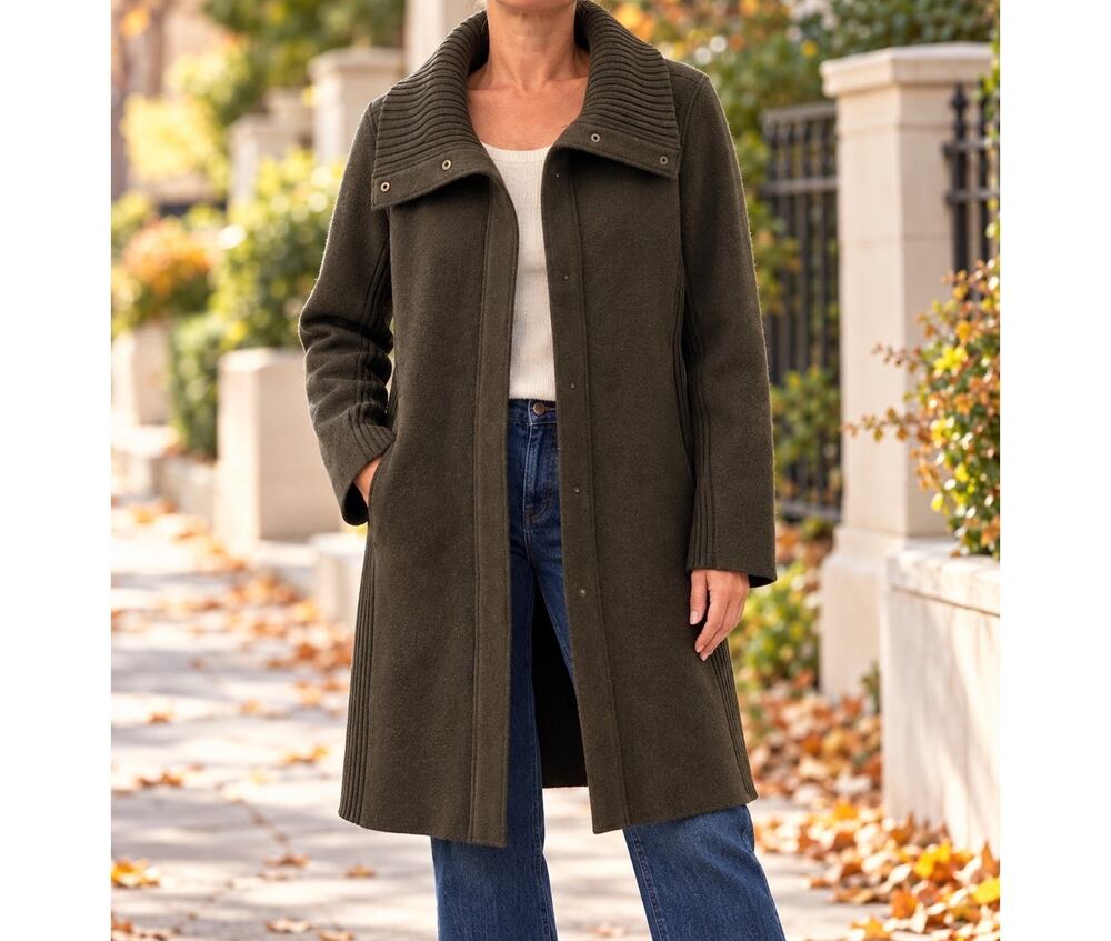 Eileen Fisher 100% Wool Long Coat Cardigan Dark Olive Ribbed Collar Medium